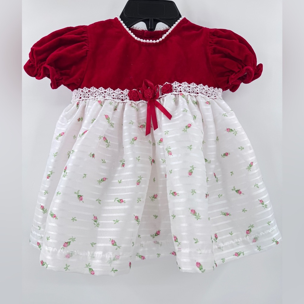 Vintage Red & White Dresss with pearl neckline Sz 3-6 Months